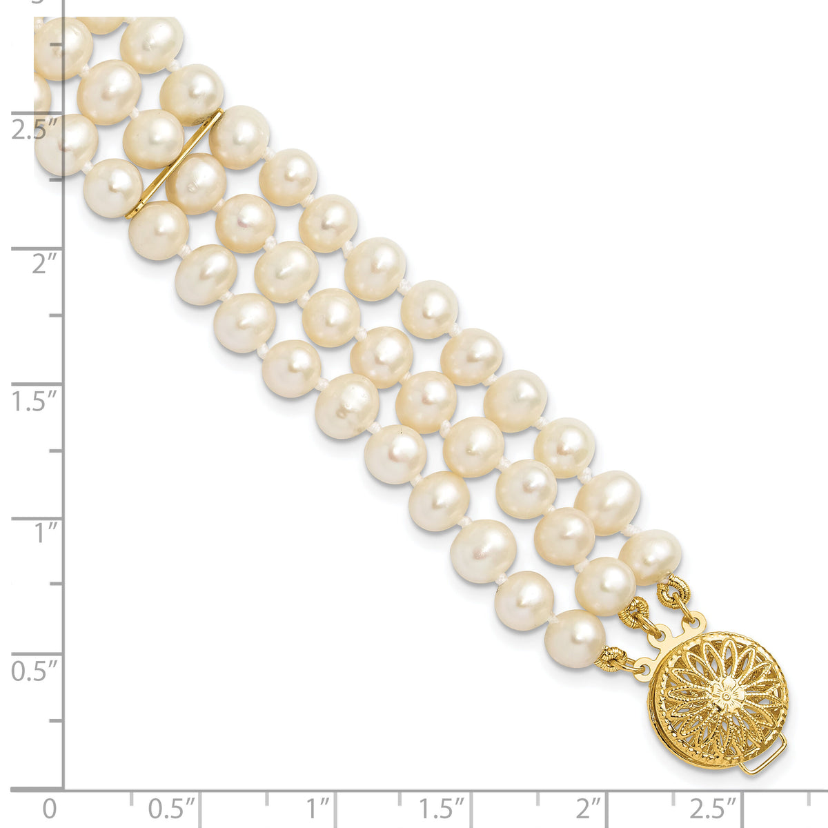 14k 5-6mm White Near Round FW Cultured Pearl 3-strand Bracelet-PR14-7.5