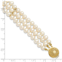 14k 5-6mm White Near Round FW Cultured Pearl 3-strand Bracelet-PR14-7.5