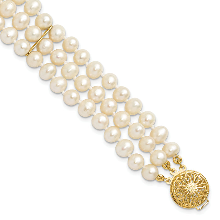 14k 5-6mm White Near Round FW Cultured Pearl 3-strand Bracelet-PR14-7.5
