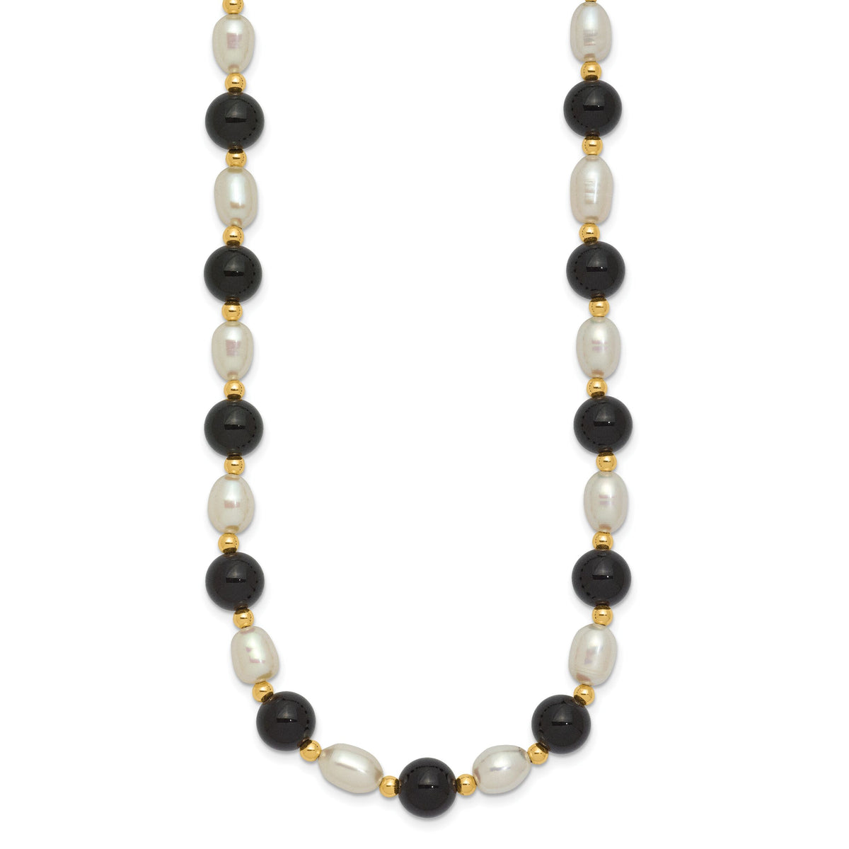14k 6-7mm White Rice FW Cultured Pearl Onyx Bead Necklace-PR34-17