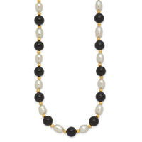 14k 6-7mm White Rice FW Cultured Pearl Onyx Bead Necklace-PR34-17