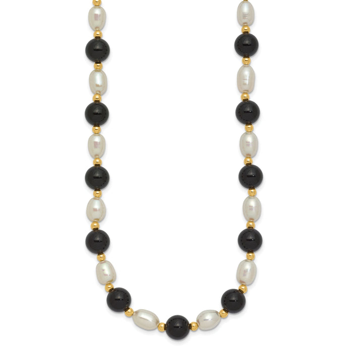 14k 6-7mm White Rice FW Cultured Pearl Onyx Bead Necklace-PR34-17