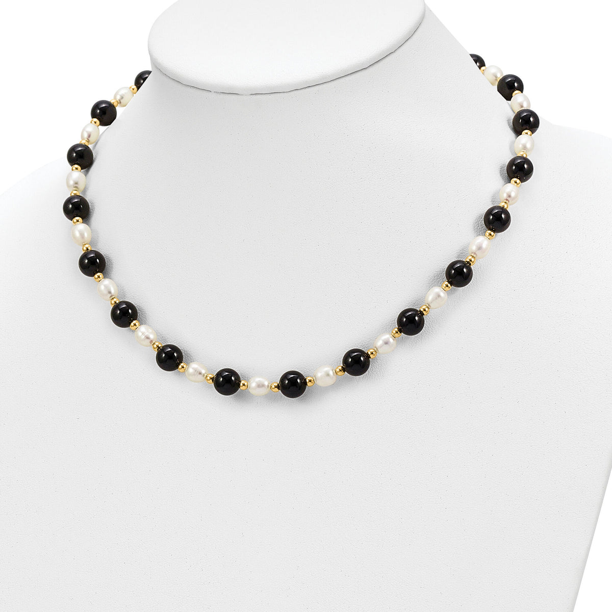 14k 6-7mm White Rice FW Cultured Pearl Onyx Bead Necklace-PR34-17
