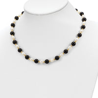 14k 6-7mm White Rice FW Cultured Pearl Onyx Bead Necklace-PR34-17
