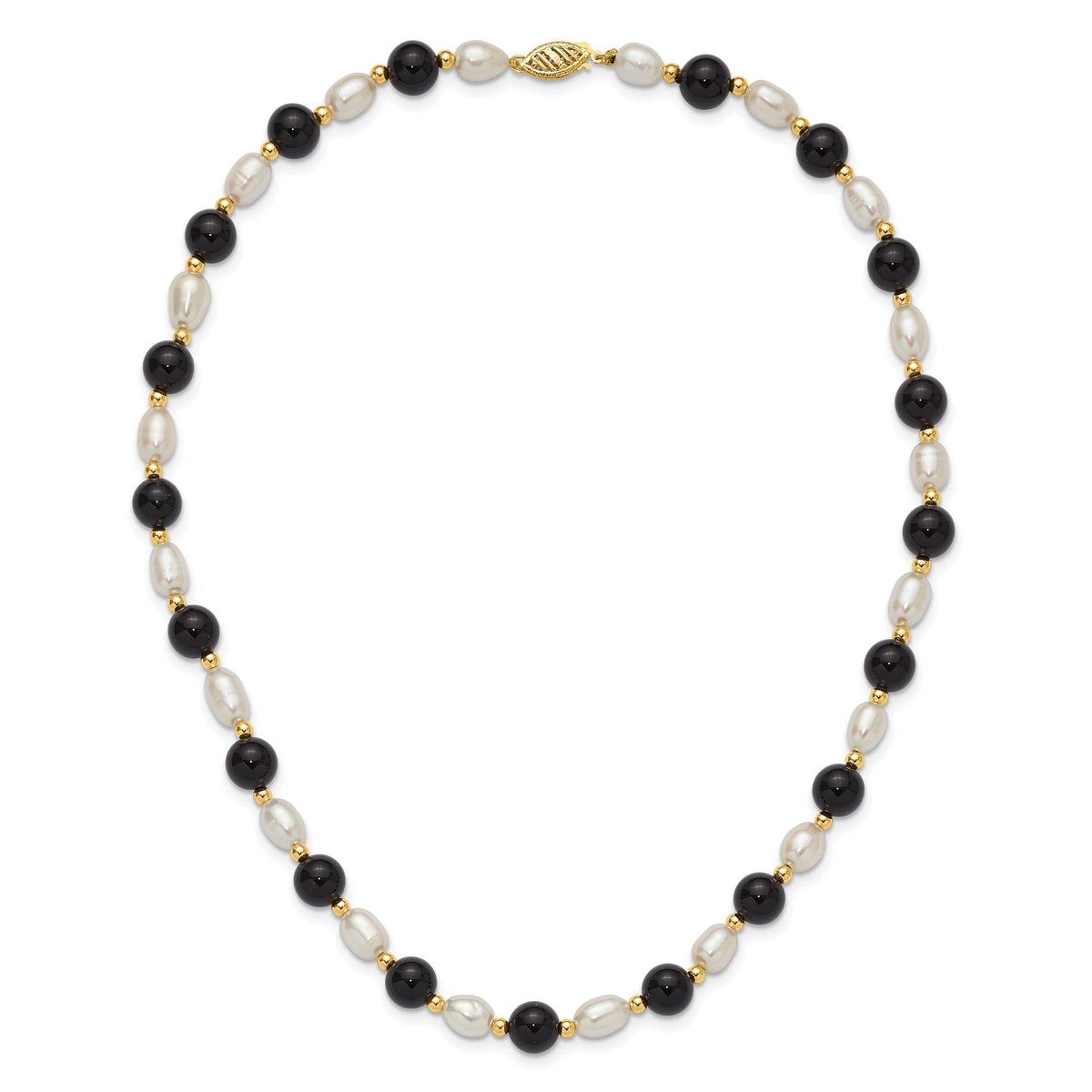 14k 6-7mm White Rice FW Cultured Pearl Onyx Bead Necklace-PR34-17