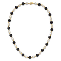 14k 6-7mm White Rice FW Cultured Pearl Onyx Bead Necklace-PR34-17