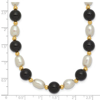 14k 6-7mm White Rice FW Cultured Pearl Onyx Bead Necklace-PR34-17