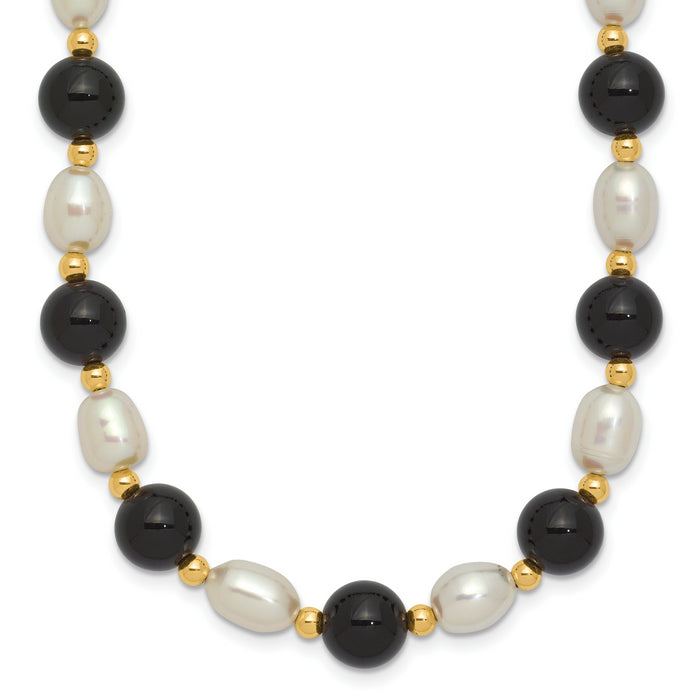 14k 6-7mm White Rice FW Cultured Pearl Onyx Bead Necklace-PR34-17