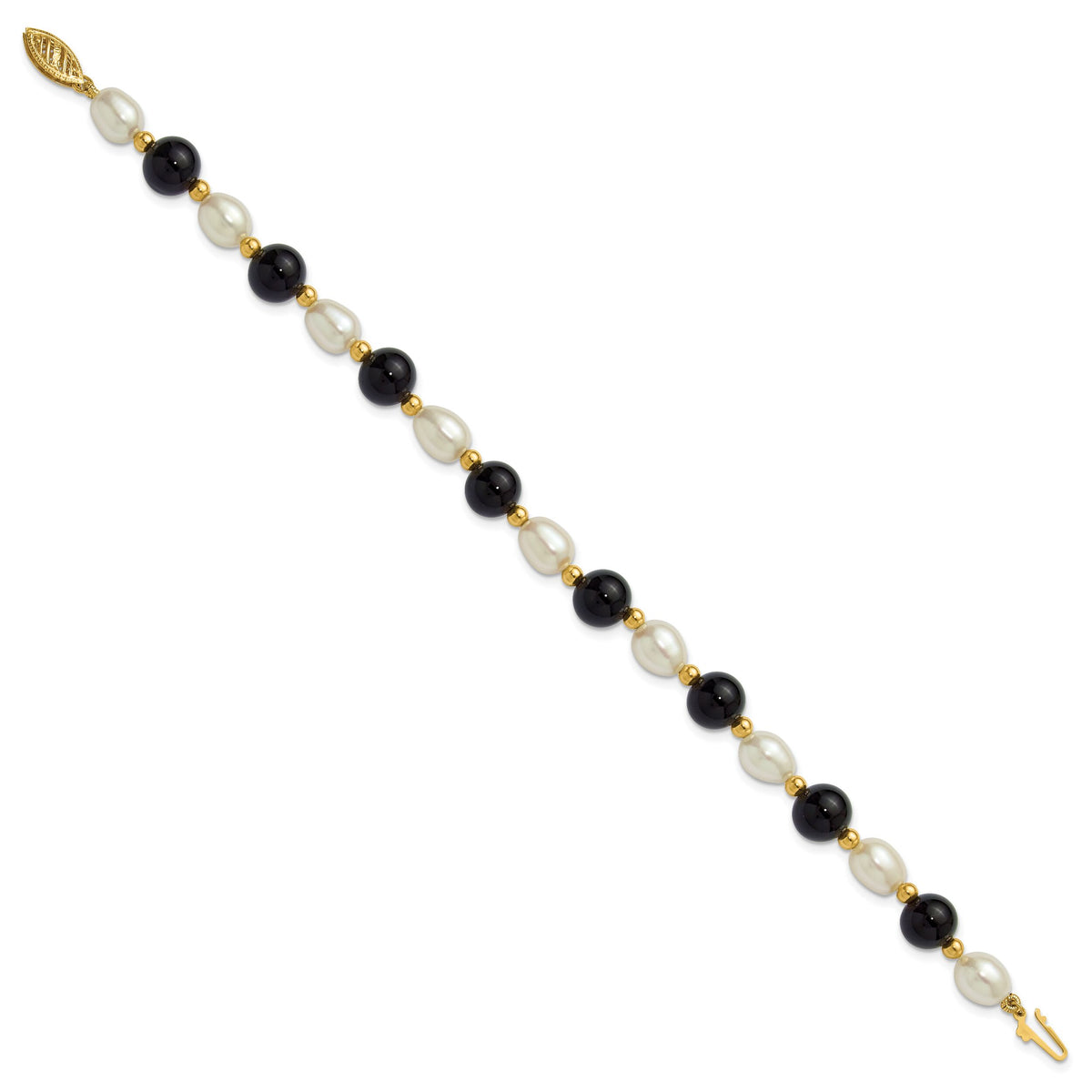 14k 6-7mm Rice White FWC Pearl and Onyx 8in Bracelet-PR34-8