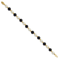 14k 6-7mm Rice White FWC Pearl and Onyx 8in Bracelet-PR34-8
