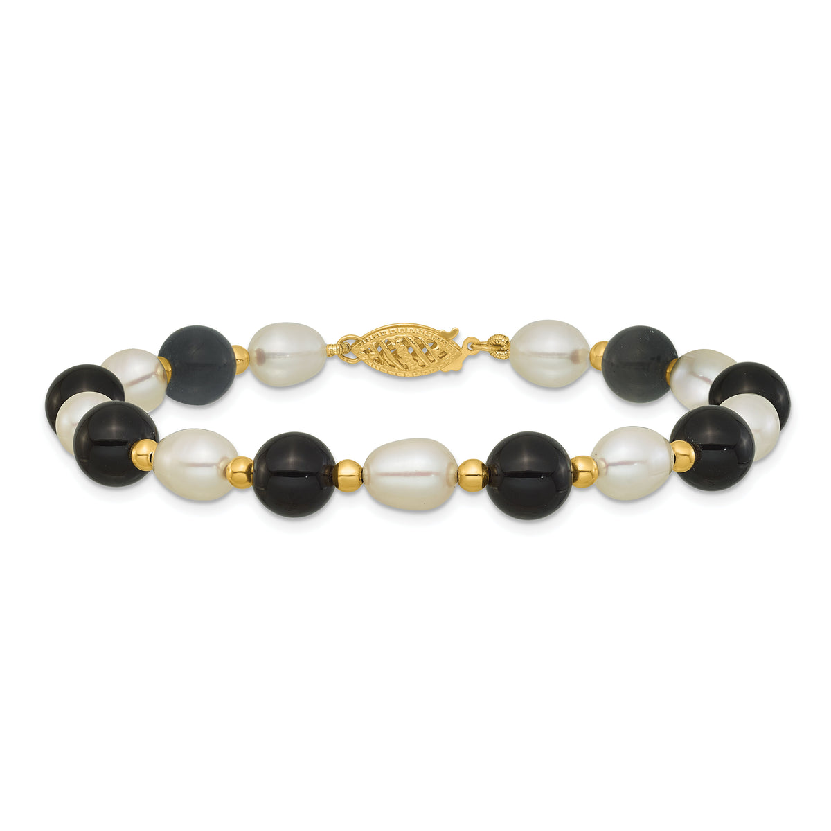 14k 6-7mm Rice White FWC Pearl and Onyx 8in Bracelet-PR34-8