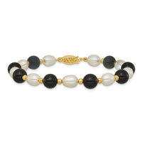 14k 6-7mm Rice White FWC Pearl and Onyx 8in Bracelet-PR34-8