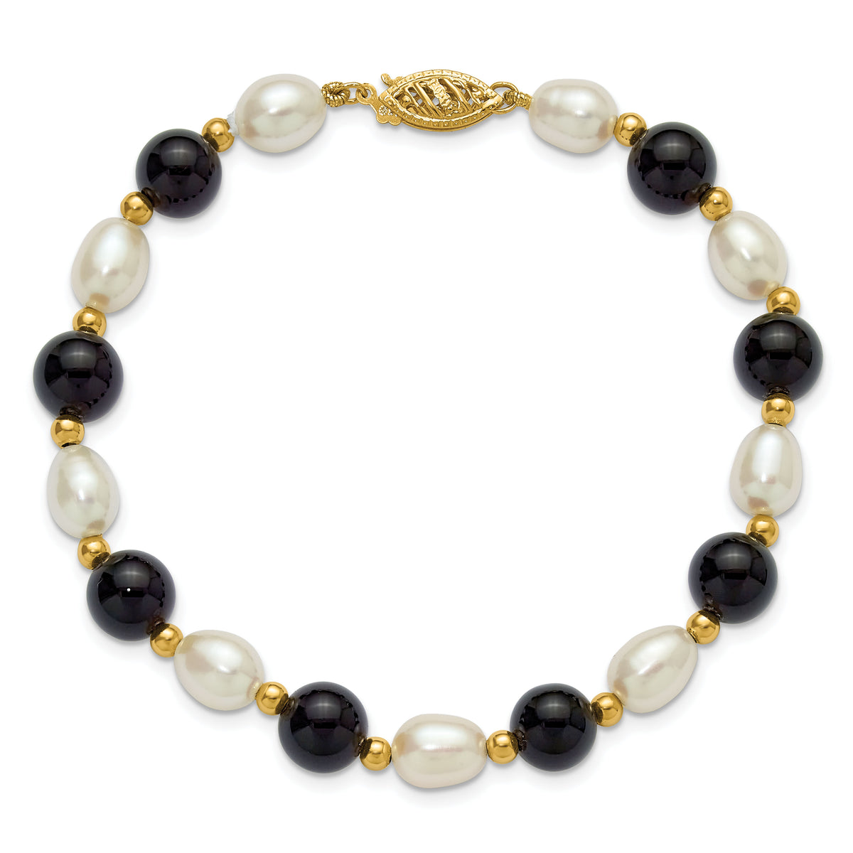 14k 6-7mm Rice White FWC Pearl and Onyx 8in Bracelet-PR34-8
