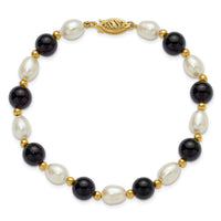 14k 6-7mm Rice White FWC Pearl and Onyx 8in Bracelet-PR34-8