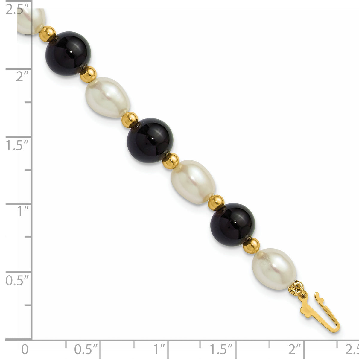 14k 6-7mm Rice White FWC Pearl and Onyx 8in Bracelet-PR34-8