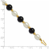 14k 6-7mm Rice White FWC Pearl and Onyx 8in Bracelet-PR34-8