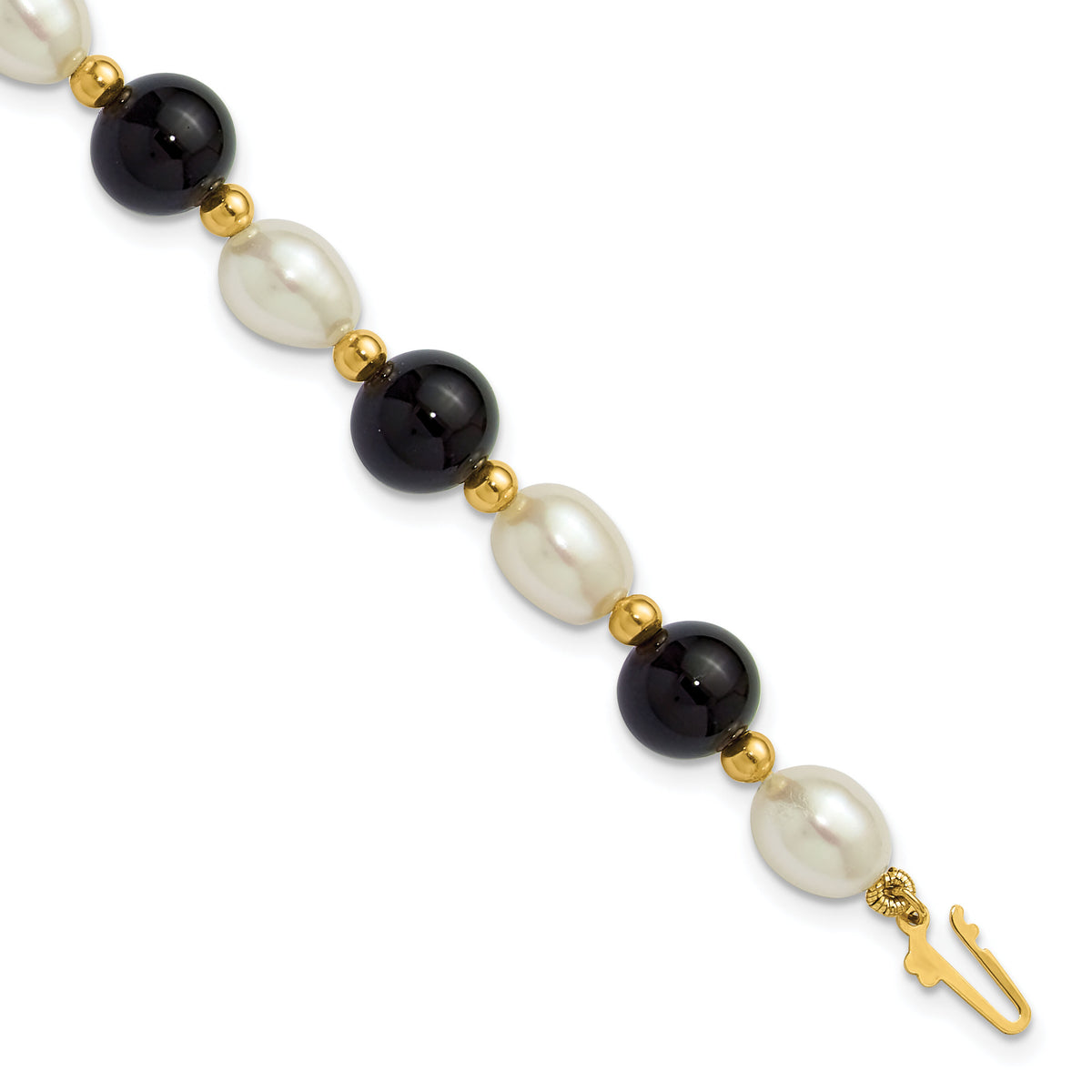 14k 6-7mm Rice White FWC Pearl and Onyx 8in Bracelet-PR34-8