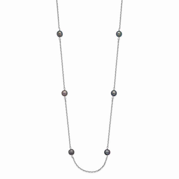 14K WG 4-5mm Black Near Round Freshwater Cultured Pearl 8-station Necklace-PR55-18
