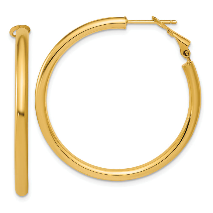 14k 3x40mm Polished Round Omega Back Hoop Earrings-PRE1017