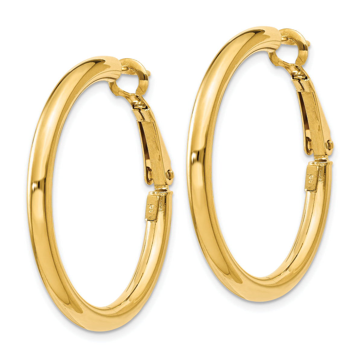 14k 3x32mm Polished Round Omega Back Hoop Earrings-PRE222