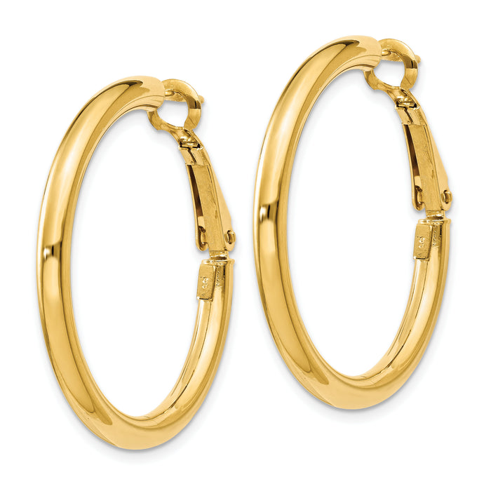 14k 3x32mm Polished Round Omega Back Hoop Earrings-PRE222