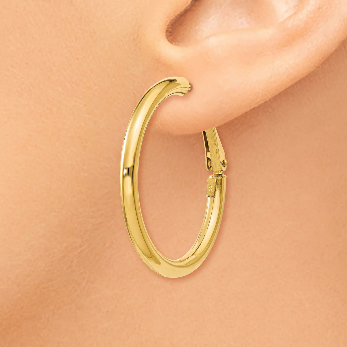 14k 3x32mm Polished Round Omega Back Hoop Earrings-PRE222