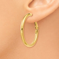14k 3x32mm Polished Round Omega Back Hoop Earrings-PRE222