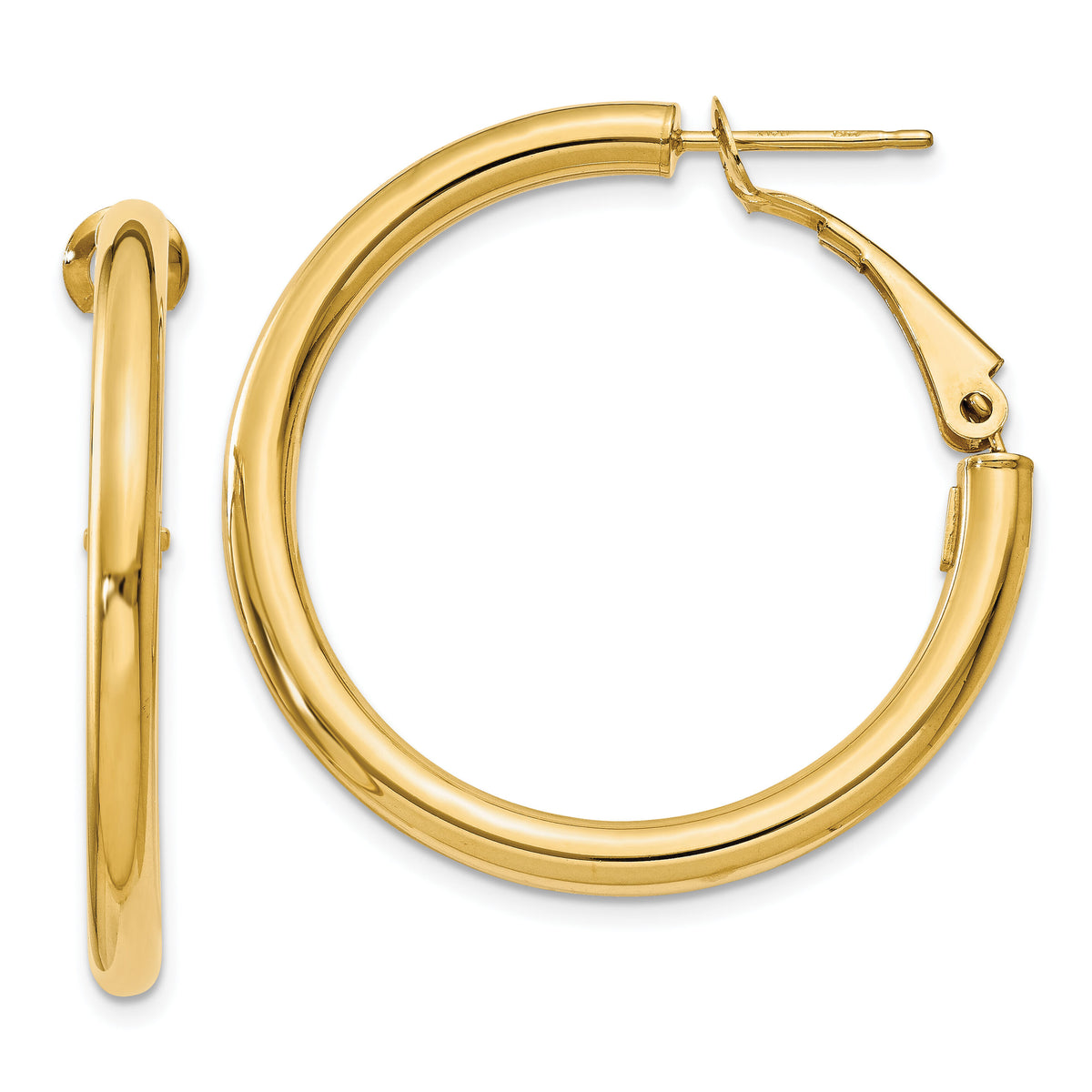 14k 3x32mm Polished Round Omega Back Hoop Earrings-PRE222