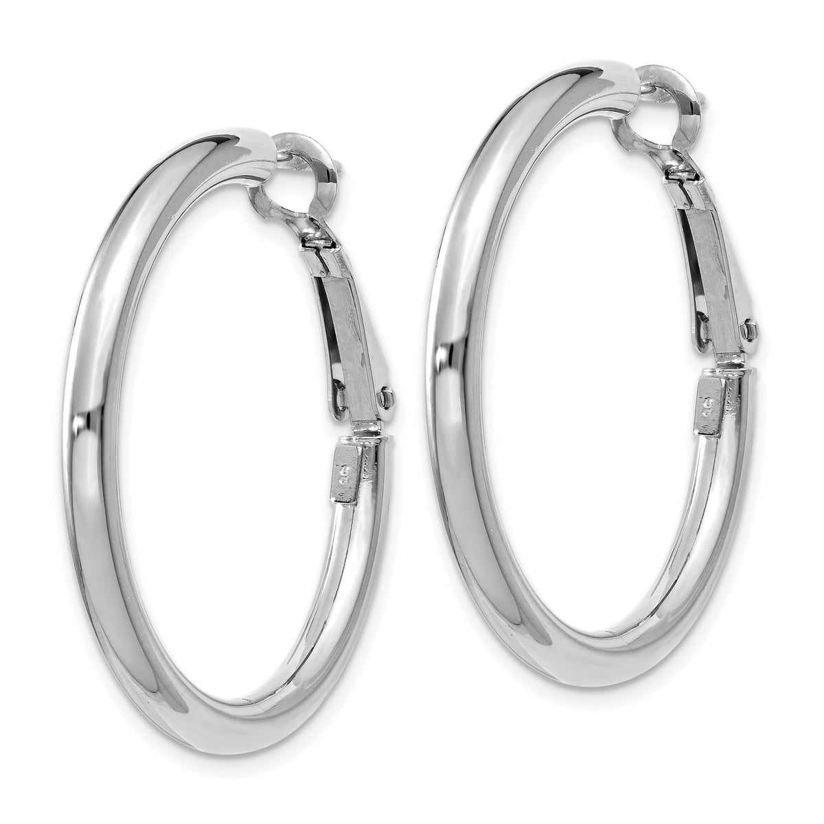 14k White Gold 3x32mm Polished Round Omega Back Hoop Earrings-PRE222W