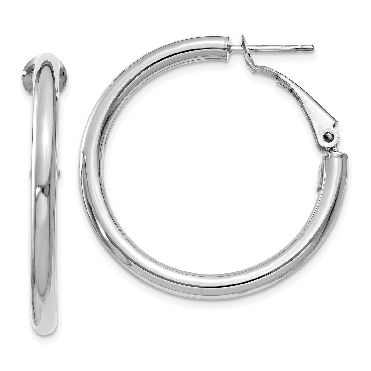 14k White Gold 3x32mm Polished Round Omega Back Hoop Earrings-PRE222W