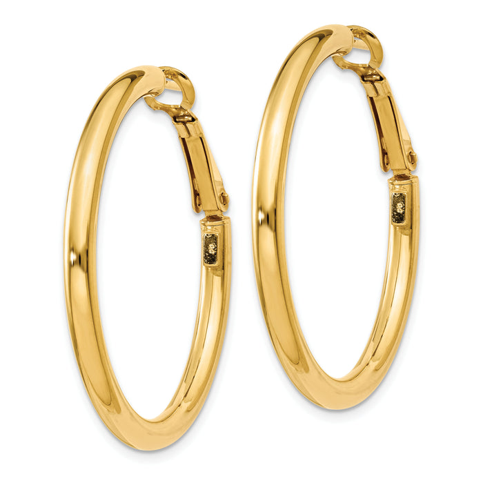 14k 3x36mm Polished Round Omega Back Hoop Earrings-PRE223