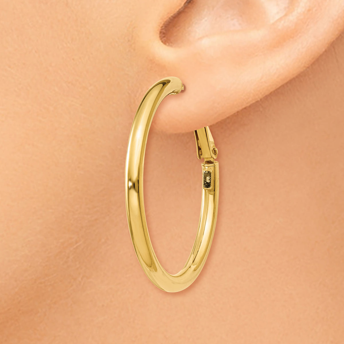 14k 3x36mm Polished Round Omega Back Hoop Earrings-PRE223