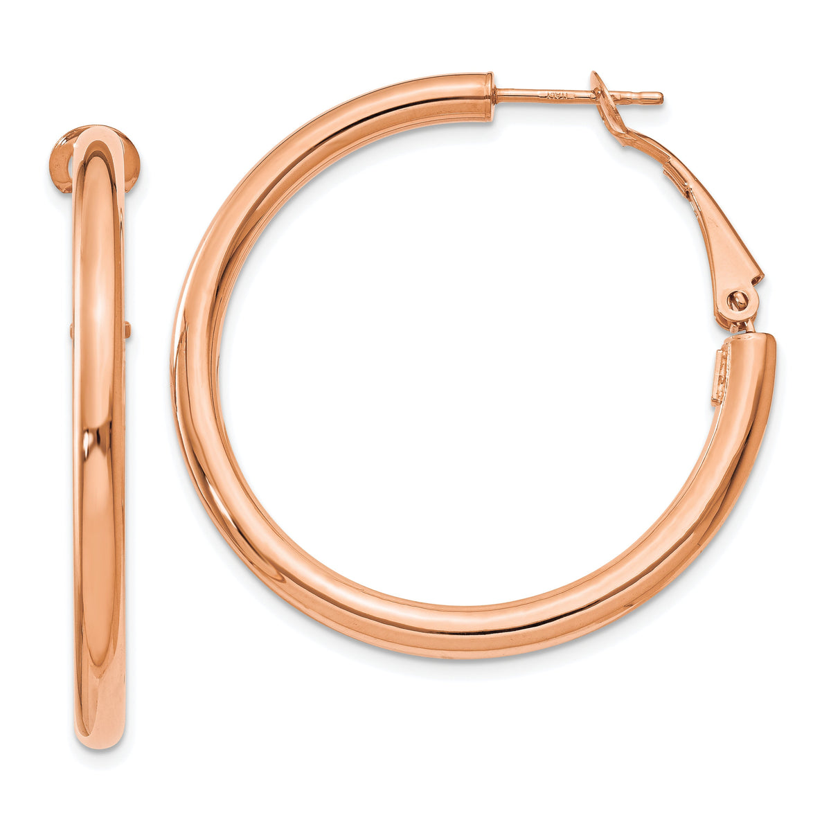14k Rose Gold 3x36mm Polished Round Omega Back Hoop Earrings-PRE223R