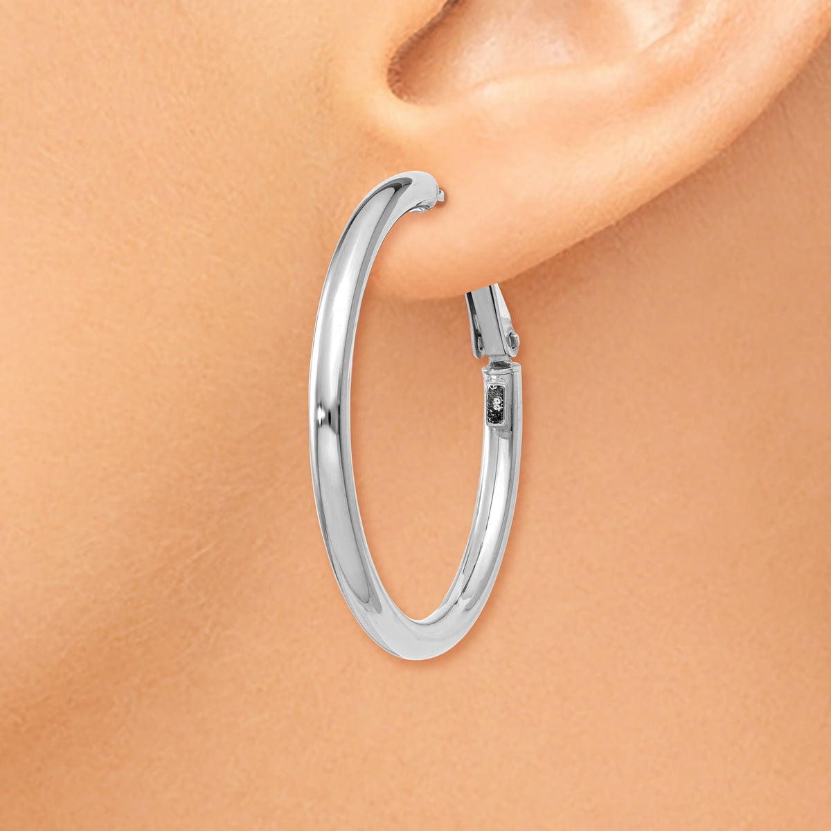 14k White Gold 3x36mm Polished Round Omega Back Hoop Earrings-PRE223W