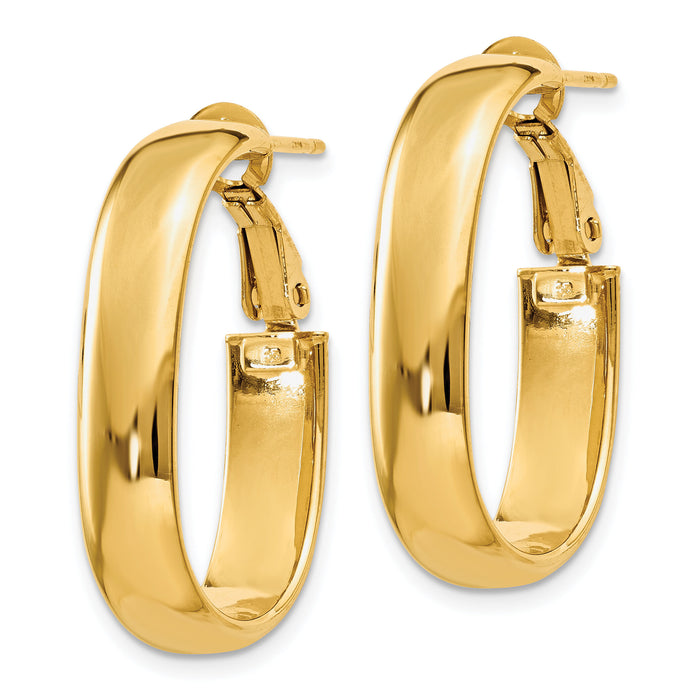 14k 5.75mm Oval Omega Back Hoop Earrings-PRE688