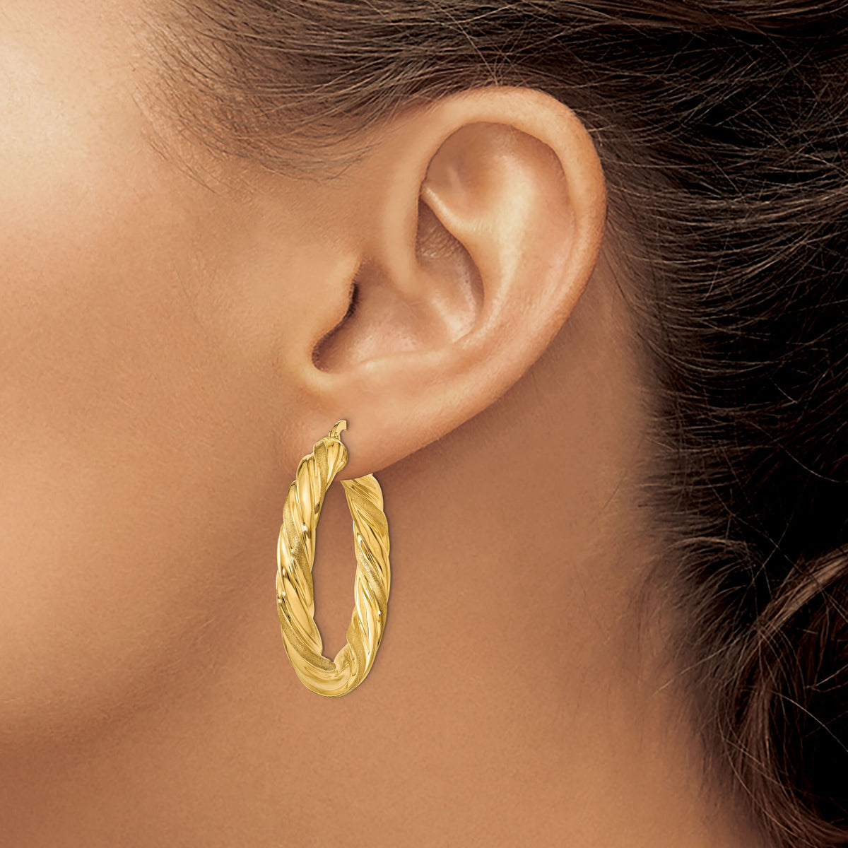 14k 5mm Satin & Polished Twisted Hoop Earrings-PRE778