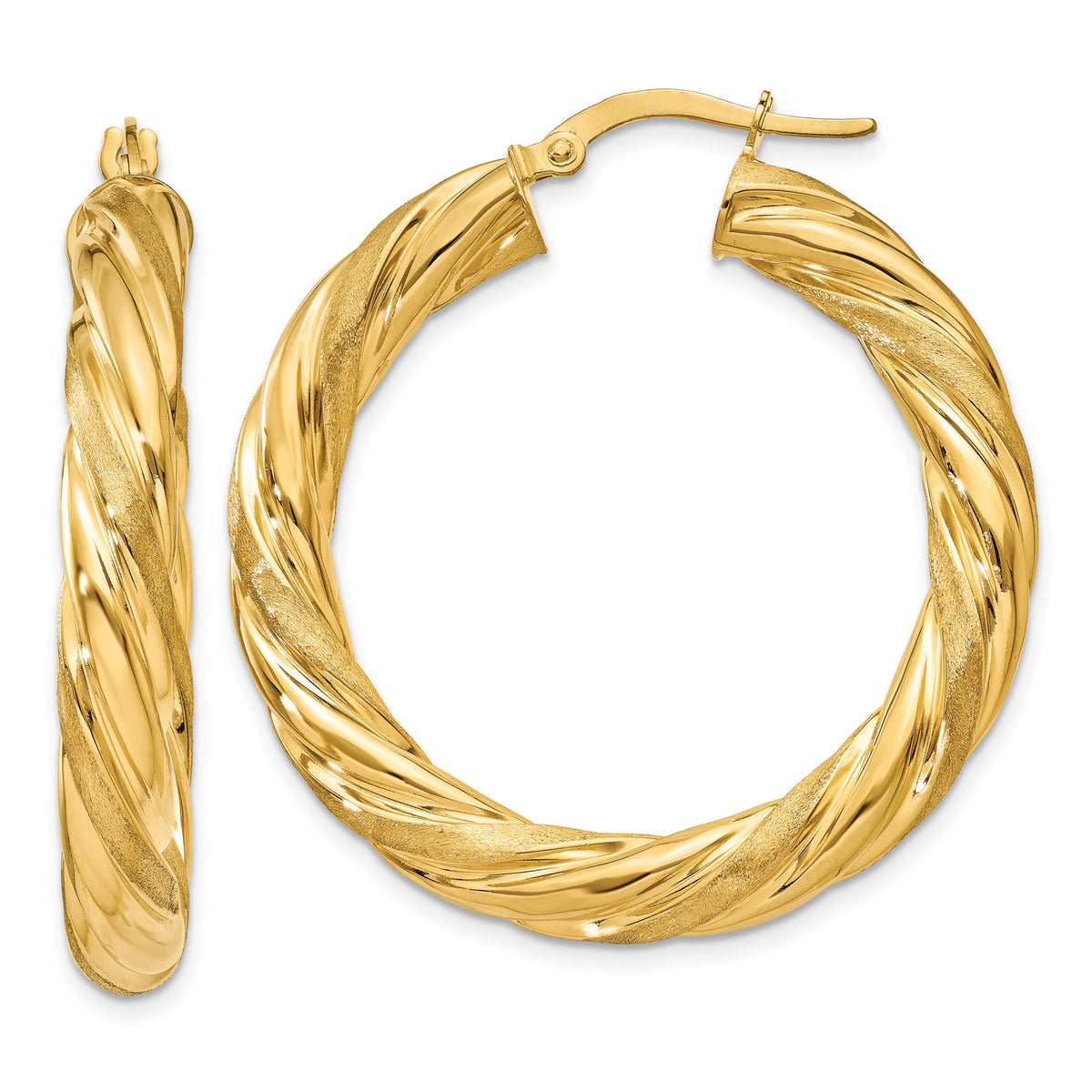 14k 5mm Satin & Polished Twisted Hoop Earrings-PRE778