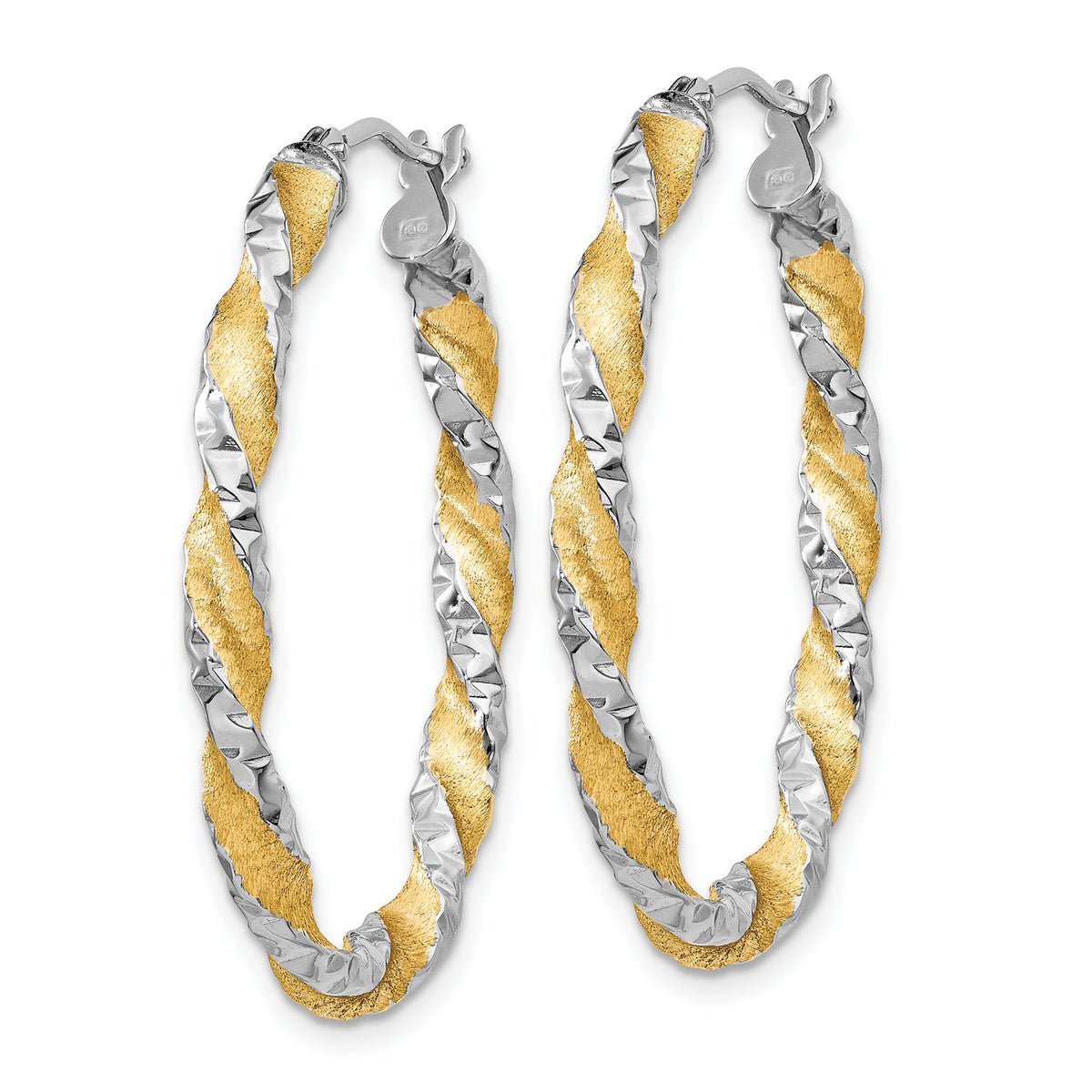 14k White Gold & Yellow Rhodium Twisted D/C Oval Hoop Earrings-PRE781