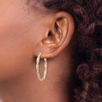 14k White Gold & Yellow Rhodium Twisted D/C Oval Hoop Earrings-PRE781