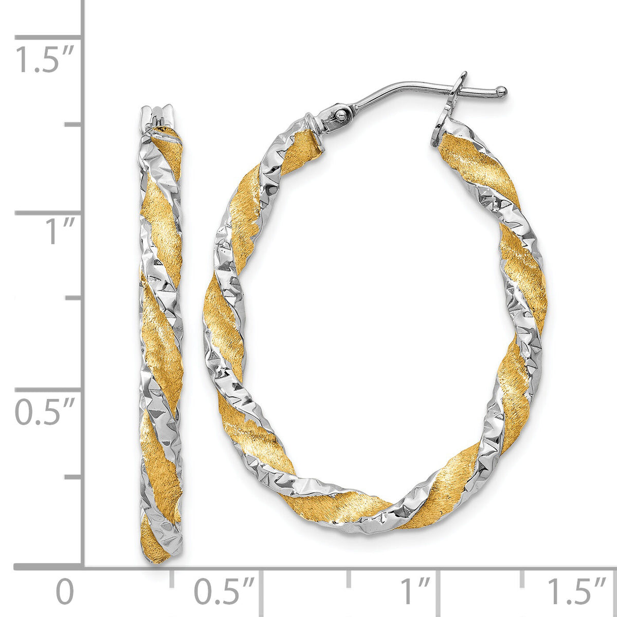14k White Gold & Yellow Rhodium Twisted D/C Oval Hoop Earrings-PRE781