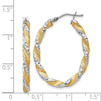 14k White Gold & Yellow Rhodium Twisted D/C Oval Hoop Earrings-PRE781