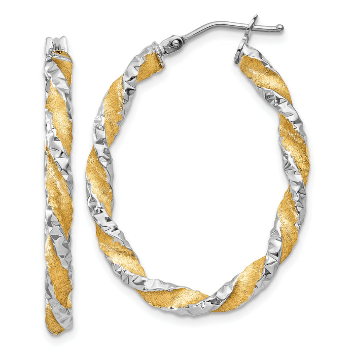 14k White Gold & Yellow Rhodium Twisted D/C Oval Hoop Earrings-PRE781