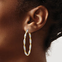 14k White Gold & Yellow Rhodium Twisted D/C Oval Hoop Earrings-PRE782