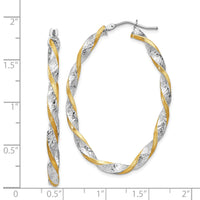 14k White Gold & Yellow Rhodium Twisted D/C Oval Hoop Earrings-PRE782
