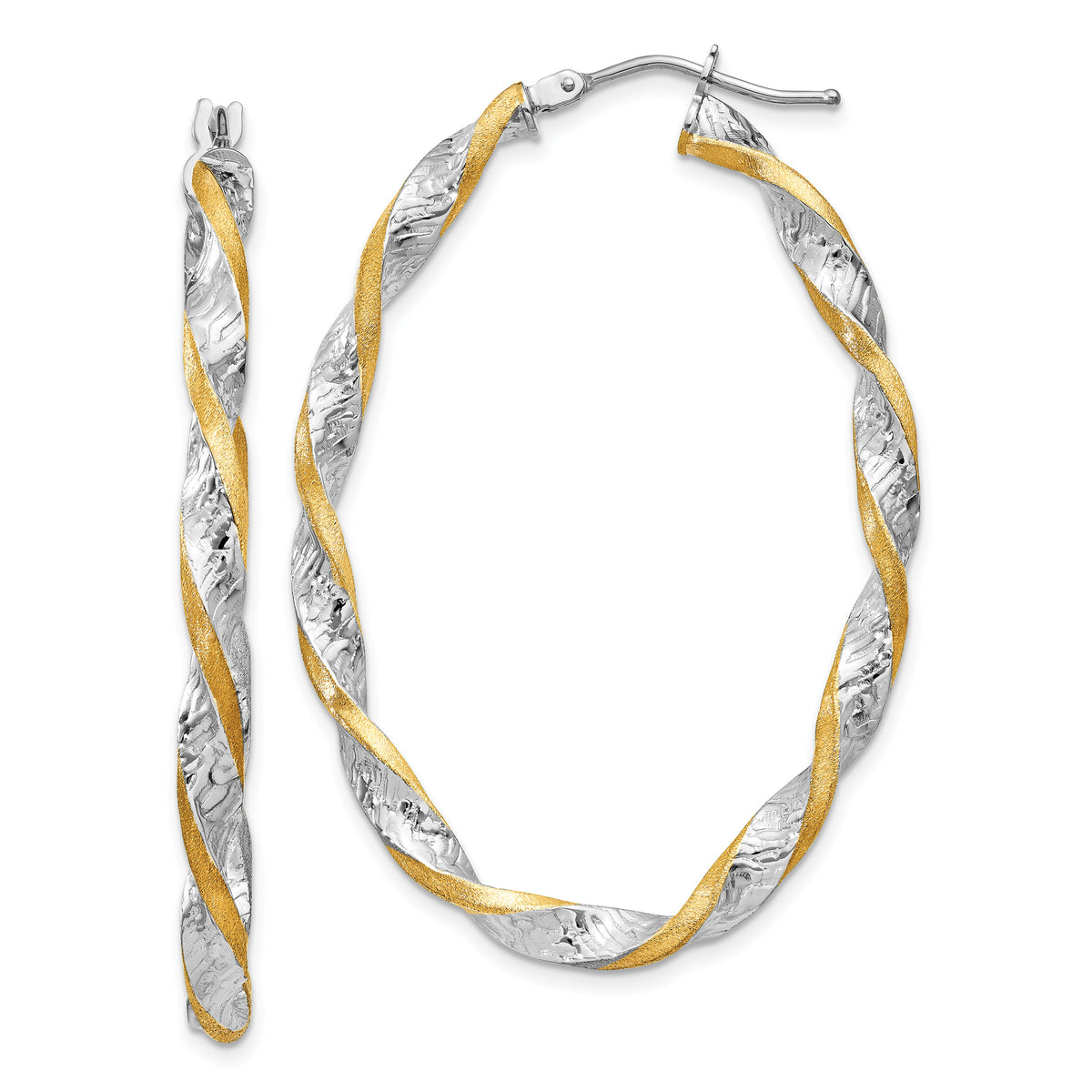 14k White Gold & Yellow Rhodium Twisted D/C Oval Hoop Earrings-PRE782