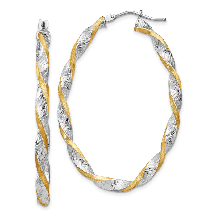 14k White Gold & Yellow Rhodium Twisted D/C Oval Hoop Earrings-PRE782