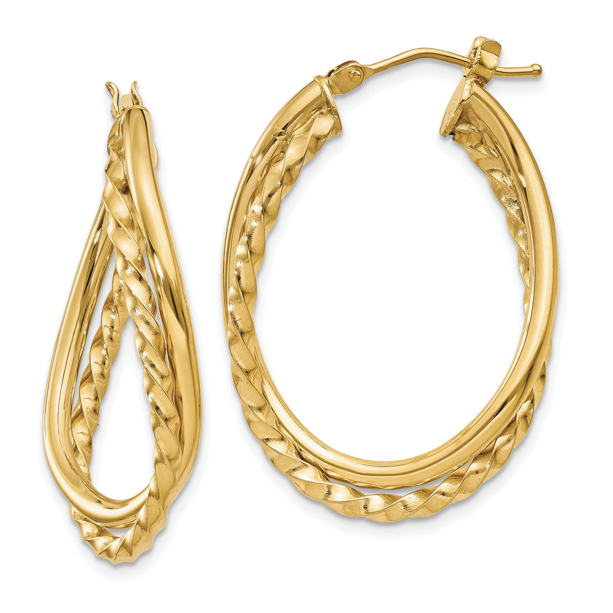14k Textured and Polished Twist Oval Hoop Earrings-PRE785