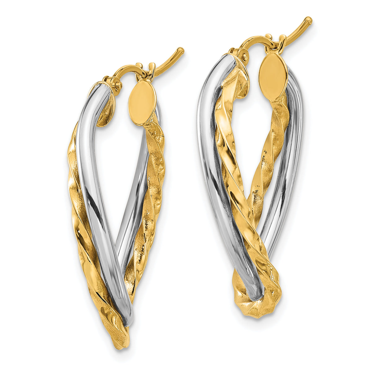 14k Two-Tone Textured and Polished Twist Oval Hoop Earrings-PRE797