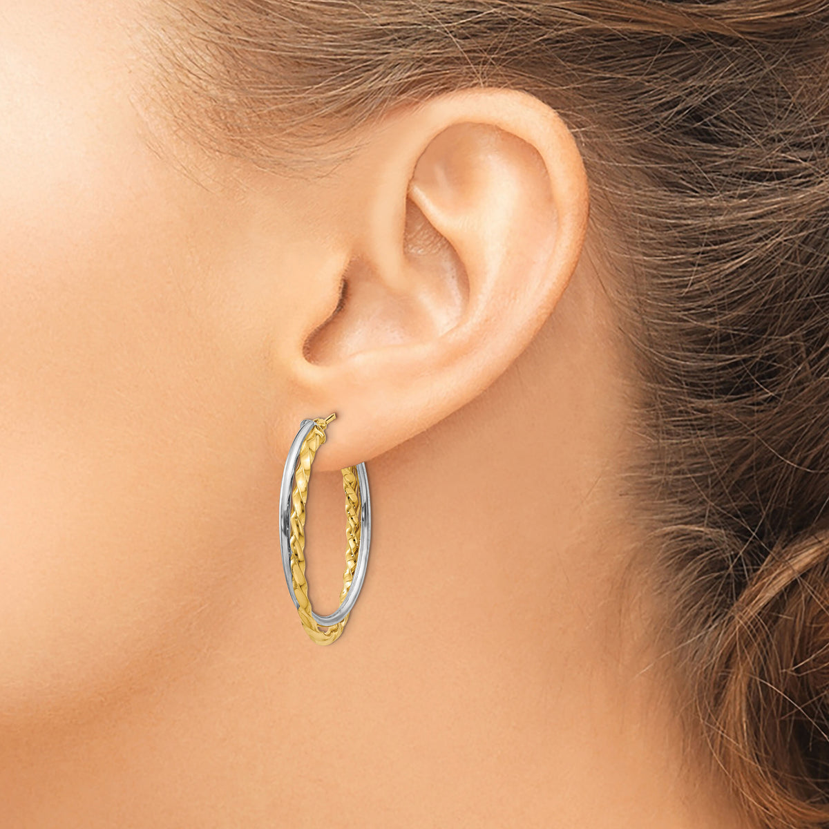 14k Two-Tone Textured and Polished Twist Oval Hoop Earrings-PRE797