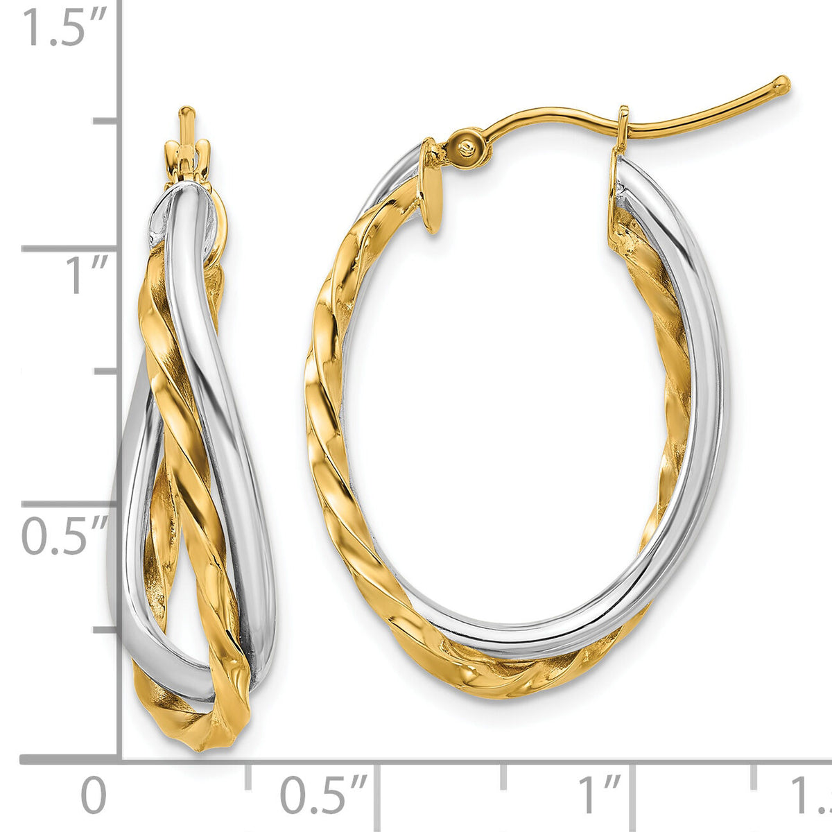 14k Two-Tone Textured and Polished Twist Oval Hoop Earrings-PRE797
